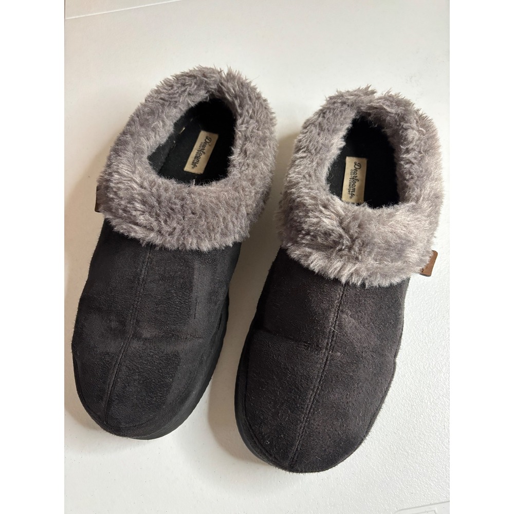 Dearfoams Mens Cozy Comfort Clog Slippers Black Faux Fur Trim Large 11-12